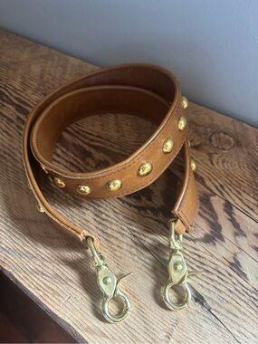 Tan Leather Studded Bag Strap with Gold Hardware